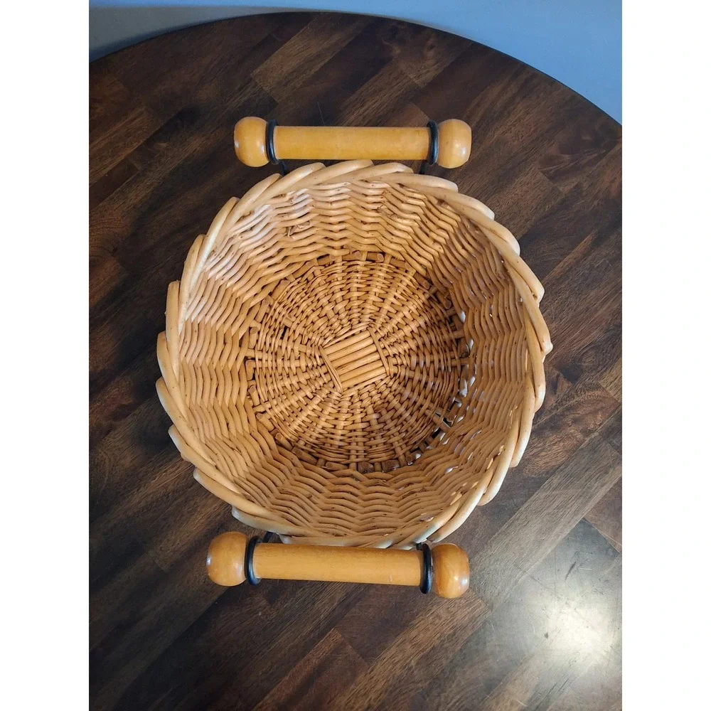 Vintage Round Wicker Basket with Wood Dowel Handles Natural Rattan Storage 10in